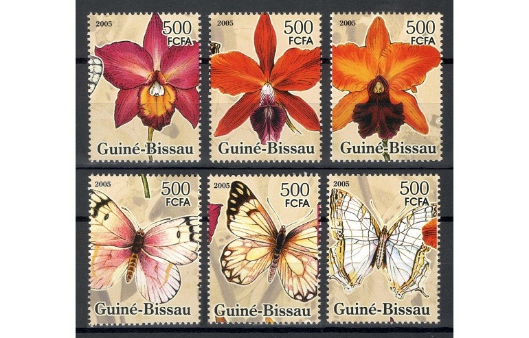GUINEA BISSAU 2005 - FLUTURI, FLORA - SERIE DE 6 TIMBRE - NESTAMPILATA - MNH / fluturi314